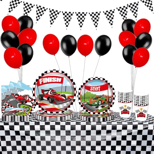 Auto Partygeschirr Set, Rennwagen Party Geschirr, Rennen Partyzubehör für Jungen, Pappteller, Servietten, Tischdecke, Pappbecher, Racing Car Party Supplies, Partydekoration für 8 Gäst von PIUMOJ