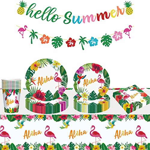 PIUMOJ Hawaiian Party Geschirr, Flamingo Partygeschirr Set, Hawaiian Partyzubehör Set, Pappteller, Servietten, Tischdecke, Sommerparty Geschirr, Hawaiian Party Tableware, 10 Gäste von PIUMOJ