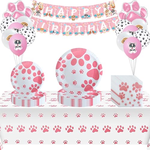 PIUMOJ Hunde Partygeschirr Set, Dog Party Geschirr Set, Haustiere Papiergeschirr, Pappteller Hund, Servietten Tischdecken, Dog Party Supplies, Hundegeburtstag Partydekorationen, 10 Gäste von PIUMOJ