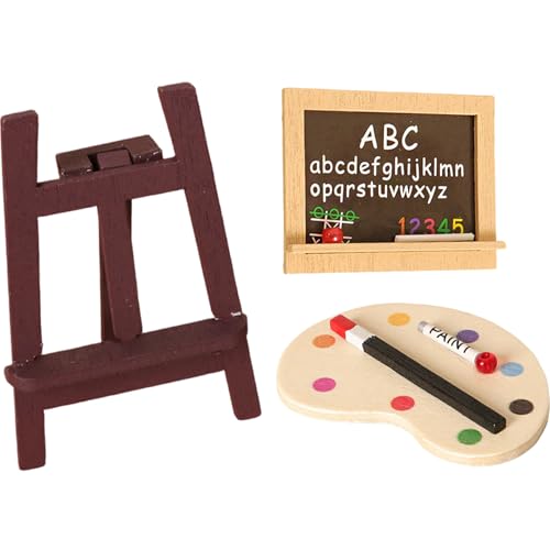 PIUpiuLIANG Miniaturpuppenhauszubehör 3PCS Natrual Holzpuppenhaus Miniaturen Malwerkzeug Set DIY Miniature Elektro -Staffelei Ölmalerei Set für Puppenhausdekoration von PIUpiuLIANG