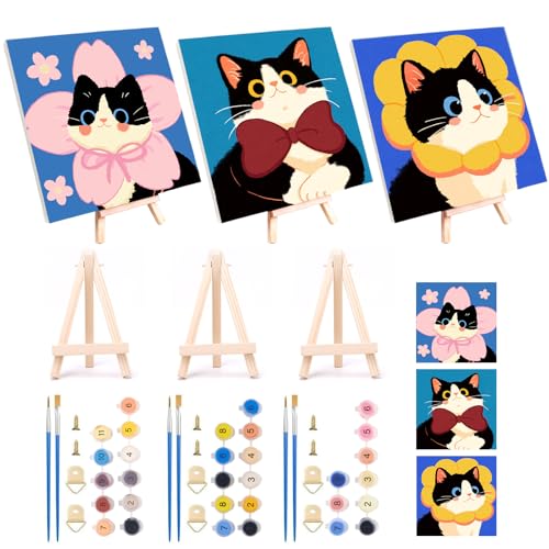 PIWOSGOL 3 Pack Malen Nach Zahlen Erwachsene Kind mit Rahmen Leinwand Pinseln Acrylfarben, Katze Cartoon Painting By Numbers, Home Deko Geburtstag Festival Geschenk(20x20cm) von PIWOSGOL