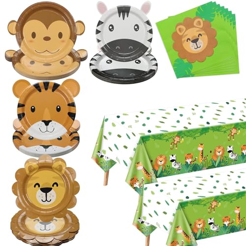 122 Pcs Safari Geburtstag Dekorationen - Safari-Thema Party Supplies enthalten Tier geformt Pappteller, Dschungel-Tischdecke, Servietten, für Wild One, Kindergeburtstag, Baby-Dusche, Serviert 40 von PIXHOTUL