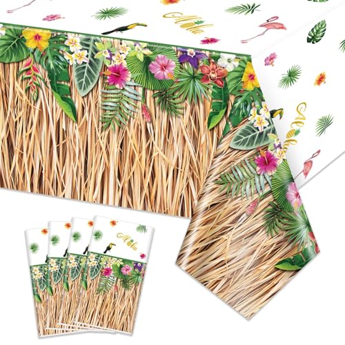 4 Pack Hawaiian Luau Gras Tischdecken, Hawaii Luau Party Dekorationen, Tischrock Tischdecke Tropische Palme Tischdecke für Sommer Strand BBQ Tropische Ahola Party Baby Dusche, 220 x 130cm von PIXHOTUL