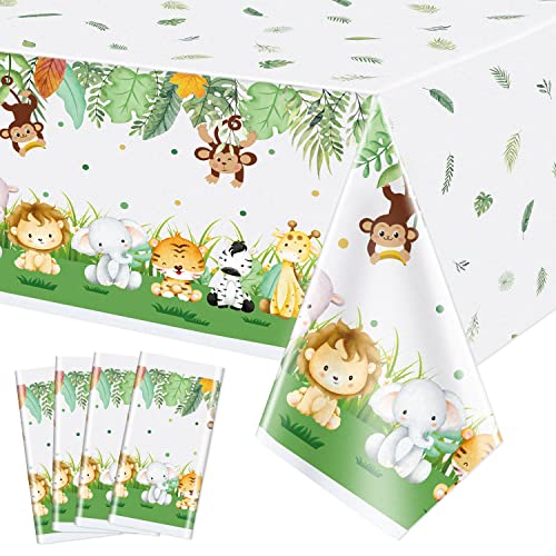 4 Stück Dschungel-Safari-Tischdecken, niedliche Tier-Tischdecken, Wilde Party-Dekoration für Kindergeburtstag, Baby-Dusche-Party, 130 x 220cm Plastik-Tischdecken von PIXHOTUL