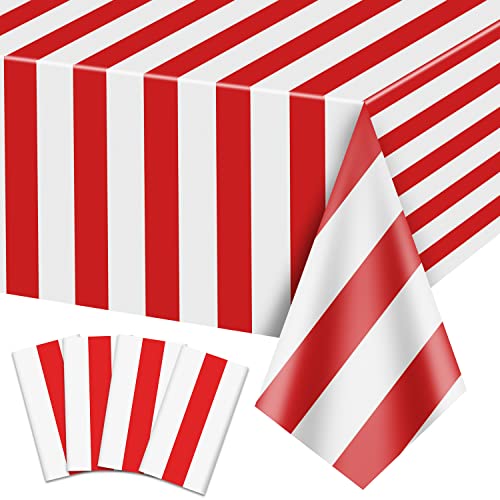 4 Stück Rote und Weiße Streifen Tischdecken, Karneval Thema Party Dekorationen, 130 x 270cm Plastik Tischdecke, für Zirkus Party, Movie Night, Kindergeburtstag, Picknick von PIXHOTUL