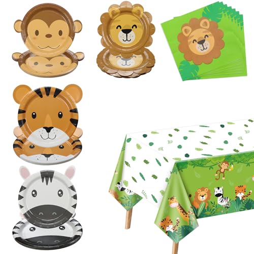 61 Pcs Safari Geburtstag Dekorationen - Safari-Thema Party Supplies enthalten Tier geformt Pappteller, Dschungel-Tischdecke, Servietten, für Wild One, Kindergeburtstag, Baby-Dusche, Serviert 20 von PIXHOTUL