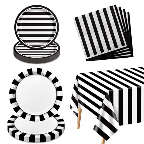 PIXHOTUL 61 Stück Schwarz und Weiß Gestreift Party Supplies Schwarz und Weiß Teller und Servietten Set mit Pappteller Servietten Gestreifte Tischdecke für Geburtstag Baby Dusche Serviert 20 von PIXHOTUL