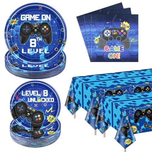 61 Stück Video Game Party Supplies 8. Geburtstag Video Game Party Dekor Papier Teller Servietten Video Game Tischdecke Gaming Party Favors für Jungen 8. Geburtstag Party, serviert 20 (8 Jahre, 20) von PIXHOTUL