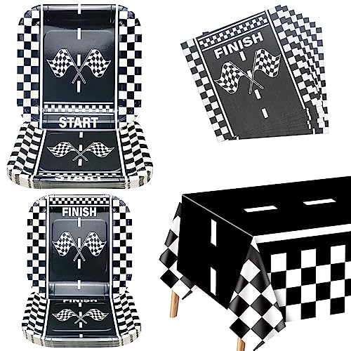 61Pcs Rennwagen Party Dekorationen - Schwarz und Weiß Kariert Racing Car Party Supplies, Pappteller, Servietten, Racetrace Tischdecke für Kinder Rennwagen Sport Themed Geburtstag, Serviert 20 61Pcs Rennwagen Party Dekorationen - Schwarz und Weiß Kariert Racing Car Party Supplies, Pappteller, Servietten, Racetrace Tischdecke für Kinder Rennwagen Sport Themed Geburtstag, Serviert 20 von PIXHOTUL