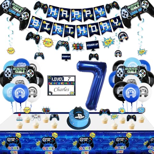 7. Geburtstag Dekorationen für Jungen-Gaming Party Dekorationen für Kinder-HAPPY BIRTHDAY Gaming Banner Videospiel Controller Ballon Kuchen Topper Gaming Hanging Sign Nummer 7 Kerze von PIXHOTUL