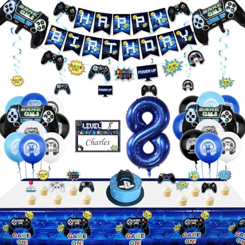 8. Geburtstag Dekorationen für Jungen-Gaming Party Dekorationen für Kinder-HAPPY BIRTHDAY Gaming Banner Videospiel Controller Ballon Kuchen Topper Gaming Hanging Sign Nummer 8 Kerze von PIXHOTUL