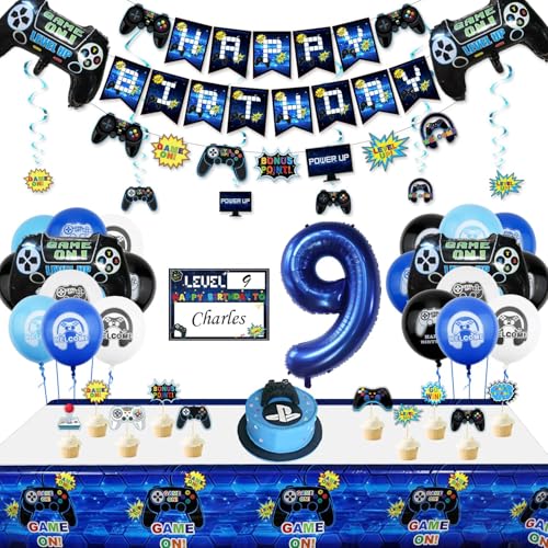 9. Geburtstag Dekorationen für Jungen-Gaming Party Dekorationen für Kinder-HAPPY BIRTHDAY Gaming Banner Videospiel Controller Ballon Kuchen Topper Gaming Hanging Sign Nummer 9 Kerze von PIXHOTUL