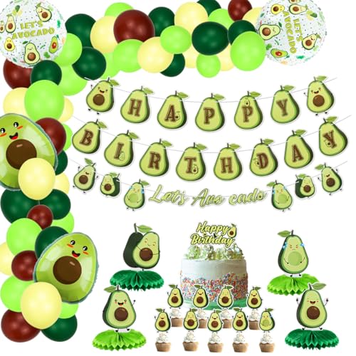 Avocado-Party-Dekorationen, niedliches Avocado-Geburtstagsparty-Zubehör für Jungen und Mädchen, inklusive Happy Birthday-Banner, Cupcake-Topper, 54-teiliges Luftballon-Girlanden-Bogen-Kit von PIXHOTUL