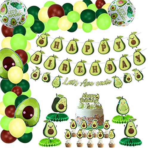 PIXHOTUL Avocado-Party-Dekorationen, niedliches Avocado-Geburtstagsparty-Zubehör für Jungen und Mädchen, inklusive Happy Birthday-Banner, Cupcake-Topper, 54-teiliges Luftballon-Girlanden-Bogen-Kit von PIXHOTUL