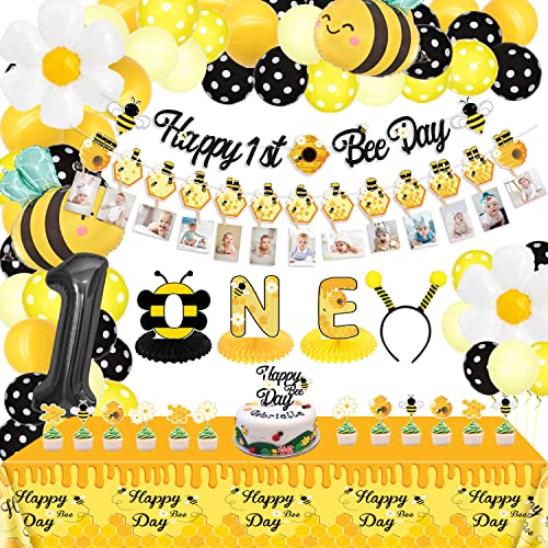 Biene Geburtstag Party Dekorationen - Honig Biene 1. Geburtstag Banner, Biene Ballons, Biene Tischdecke, Cake Toppers, Tabelle Centerpieces, Biene Stirnband für Kinder erste Biene Tag Party Supplies von PIXHOTUL