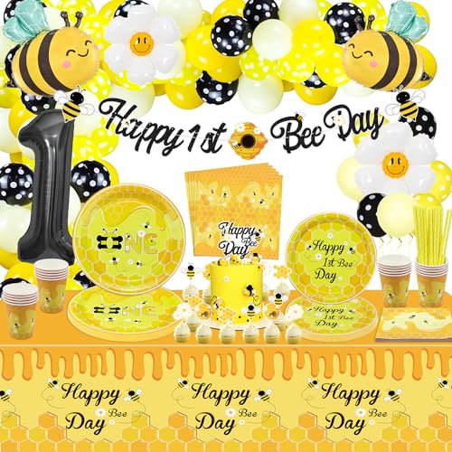 Biene Party Dekorationen, Erste Biene Tag Party Dekorationen mit Happy 1st Bee Day Banner, Pappteller, Servietten, Tischdecke, Biene Ballon Girlande für Kinder Ersten Geburtstag Party, Serviert 20 von PIXHOTUL