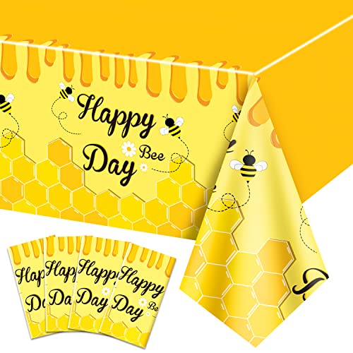 Biene Tischdecke, 4 Stück Happy Bee Day Tischdecken Rechteck Honigbienen Hummel Tischdecke Gelb Tischdecke für Biene Baby Dusche Dekorationen Biene Geburtstag Party Dekorationen, 130 x 220cm von PIXHOTUL
