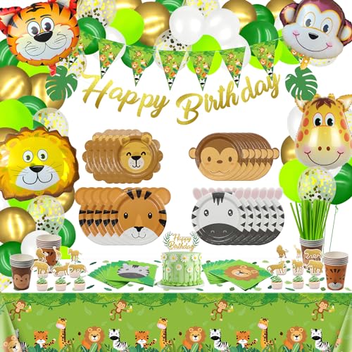 Dschungel-Safari-Geburtstag Dekorationen, Safari-Party-Zubehör Gehören Tier Ballons, Happy Birthday Banner, Tischdecke, Pappteller, Dschungel-Thema Dekorationen für Kindergeburtstag, Servieren 20 von PIXHOTUL