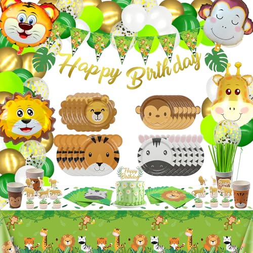 Dschungel-Safari-Geburtstag Dekorationen, Safari-Party-Zubehör Gehören Tier Ballons, Happy Birthday Banner, Tischdecke, Pappteller, Dschungel-Thema Dekorationen für Kindergeburtstag, Servieren 20 von PIXHOTUL