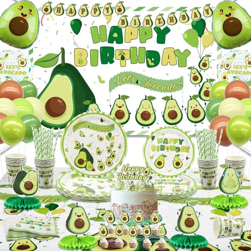 Frucht-Avocado-Partyzubehör, Avocado-Geschirr-Party-Set für Mädchen, Kinder, Avocado-Geburtstagsparty, inklusive Teller, Tassen, Servietten, Tischdecke, Hintergrund, Luftballons, für 20 Personen von PIXHOTUL