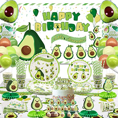 Frucht-Avocado-Partyzubehör, Avocado-Geschirr-Party-Set für Mädchen, Kinder, Avocado-Geburtstagsparty, inklusive Teller, Tassen, Servietten, Tischdecke, Hintergrund, Luftballons, für 20 Personen von PIXHOTUL