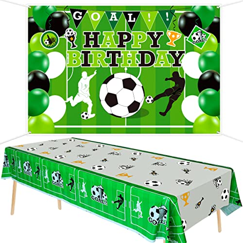 Fußball Happy Birthday Hintergrund und Tischdecke Set, Fußball Bedruckte Einweg-Kunststoff-Tischdecken für Kinder Fußball-Geburtstagsfeierdekorationen von PIXHOTUL