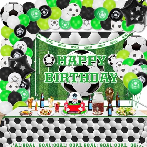 Fußball-Party-Zubehör, Hintergrund und Luftballons, Girlanden-Set – Fußball-Hintergrund und Tischdecken, 80 Latex-Luftballons für Luftballons, Bogen für Kindergeburtstags-Party-Dekorationen von PIXHOTUL