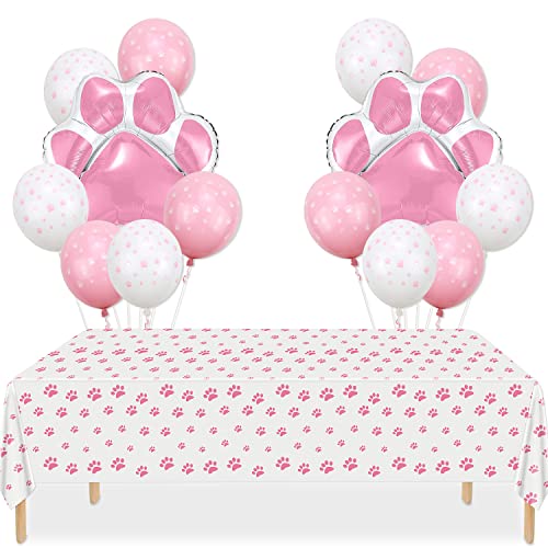 PIXHOTUL Party-Dekorationen für Hunde – 3 rosa Tischdecken mit Welpenpfoten, 14 Einweg-Tischdecken mit Hundepfoten-Folienballons und Pfotenmuster für Geburtstagsfeiern mit Hunde- und Katzenmotiv von PIXHOTUL