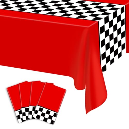 Kunststoff-Tischdecken, Rennwagen, kariert, Rennwagen, Partyzubehör, Rennstrecke, rechteckig, Tischdecke für Kinder, Jungen, Geburtstag, Rennwagen, Motto-Party, 220 x 130 cm, 4 Stück (Rot) von PIXHOTUL