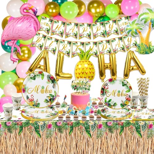 Luau Party Dekorationen, hawaiianische Geburtstag Party Dekorationen Aloha Party Zubehör, Pappteller, Grasrock Tischdecke, Servietten, Pappbecher, Cake Toppers, Ballon für Sommer Strand Party von PIXHOTUL