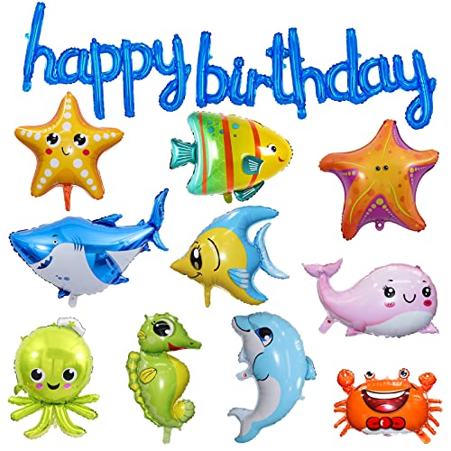 Luftballons mit Meerestieren, 10 Stück, groß, 60 x 80 cm, niedliche Meerestier-Luftballons, blaues Happy Birthday-Folienbanner für Jungen, Mädchen, Kindergeburtstag, Party-Dekorationen unter dem Meer von PIXHOTUL