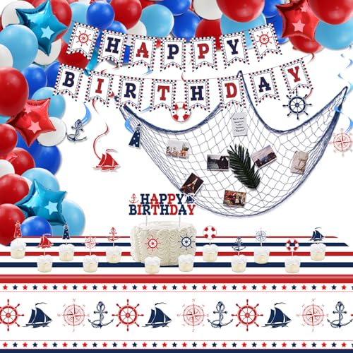 Nautische Party Dekorationen, Anckor Thema Geburtstag Zubehör mit Happy Birthday Banner Fischernetz Dekor Tischdecke Ballons Hanging Signs für nautische Thema Geburtstag, alle an Bord ersten Geburtsta Nautische Party Dekorationen, Anckor Thema Geburtstag Zubehör mit Happy Birthday Banner Fischernetz Dekor Tischdecke Ballons Hanging Signs für nautische Thema Geburtstag, alle an Bord ersten Geburtsta von PIXHOTUL