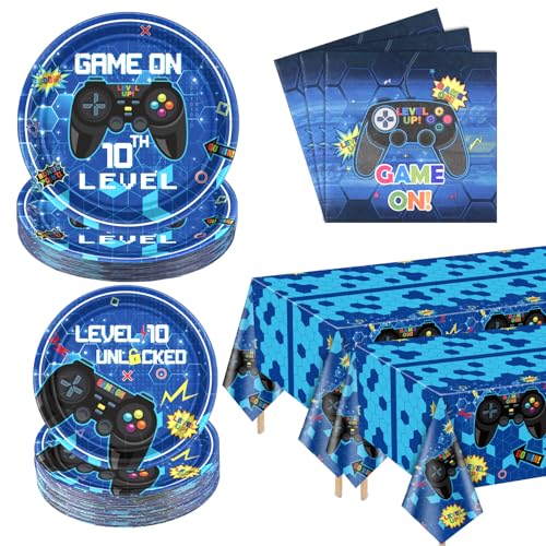 61 Stück Video Game Party Supplies für 10. Geburtstag - Papier Teller, Servietten, Tischdecke und Gaming Favors für Jungen - Serviert 20 von PIXHOTUL