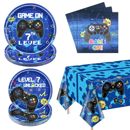 61 Stück Video Game Party Supplies 7. Geburtstag Video Game Party Dekor Papier Teller Servietten Video Game Tischdecke Gaming Party Favors für Jungen 7. Geburtstag Party, serviert 20 (7 Jahre, 20) von PIXHOTUL