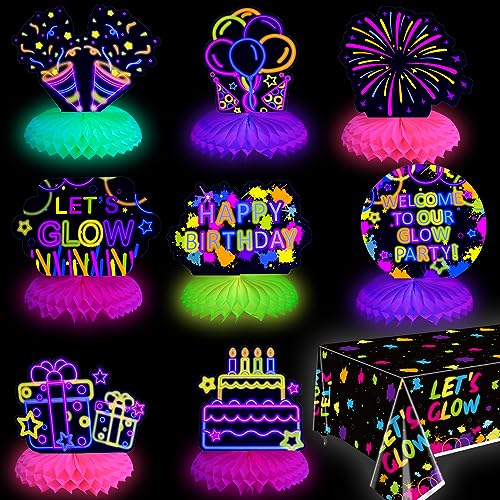 PIXHOTUL Glow in The Dark Dekorationen - 8 Stück Leuchtende Neon Party Waben Tischaufsteller - Schwarzlicht Waben Tischaufsteller Und Let's Glow Tischdecke Für Kinder Schwarzlicht Party PIXHOTUL Glow in The Dark Dekorationen - 8 Stück Leuchtende Neon Party Waben Tischaufsteller - Schwarzlicht Waben Tischaufsteller Und Let's Glow Tischdecke Für Kinder Schwarzlicht Party von PIXHOTUL