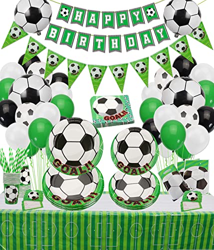 PIXHOTUL Fußball-Geburtstagsfeier-Dekorationen, einschließlich Pappteller, Tassen, Servietten, Tischdecke, Banner und Luftballons für Fußball-Geburtstagsfeierzubehör von PIXHOTUL