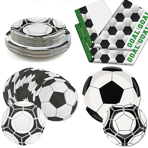 PIXHOTUL Fußball-Party-Teller und Tischdekorations-Sets enthalten 36 Sets mit 18 cm und 23 cm Einweg-Tellerservietten, 2 Stück 130 x 220 cm Tischdecken für Fußball-Themenpartys von PIXHOTUL