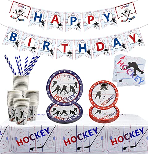 PIXHOTUL Hockey-Party-Zubehör – Eishockey-Motto-Party-Pack für Kinder, Hockey-Fans, Geburtstag, Spieltag – einschließlich Teller, Becher, Servietten, Tischdecke, Banner, für 20 Personen (A) von PIXHOTUL