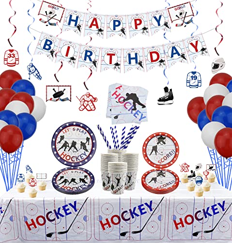 PIXHOTUL Hockey-Party-Zubehör – Eishockey-Motto-Party-Pack für Kinder, Hockey-Fans, Geburtstag, Spieltag – einschließlich Teller, Becher, Servietten, Tischdecke, Banner, für 20 Personen (B) von PIXHOTUL