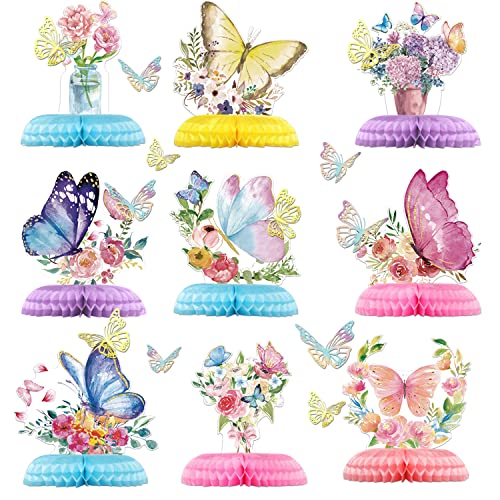 Schmetterlings-Mittelstücke für Tische, 9 Stück Schmetterlingswaben-Tischaufsätze und 12 Stück 3D-Schmetterlingsaufkleber Schmetterlings-Party-Dekorationen für Mädchen-Geburtstags-Baby-Dusche (01) von PIXHOTUL