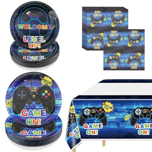 PIXHOTUL Videospiel-Party-Dekorationen, Einweg-Ess- und Dessertteller und Servietten, Tischdecke, Videospiel-Party-Set, Gaming-Geburtstags-Party-Zubehör für Jungen-Gamer, 61 Stück (Serve 20, Blau) von PIXHOTUL