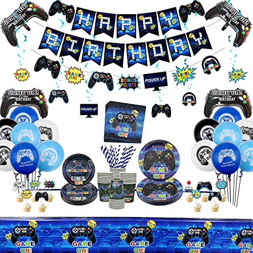 PIXHOTUL Videospiel Party Zubehör - Gaming-Themen-Geburtstagsfeier-Dekor für Jungen und Spieler (Blau B) von PIXHOTUL