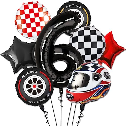 Race Car Balloons - 6th Birthday Balloons Number 6 Balloon, Star Balloons, Checkered Balloons, Helmet Balloon, Tire Balloons, 6th Birthday Decorations for Boys Race Car Birthday Party Supplies von PIXHOTUL