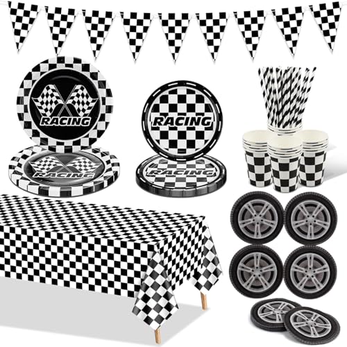 Racing Car Geburtstag Party Dekorationen, Rennwagen-Party-Zubehör Inklusive Pappteller, karierte Tischdecke, Pappbecher, Reifenservietten, Flagge für Kindergeburtstag, Rennsport-Themen-Party Racing Car Geburtstag Party Dekorationen, Rennwagen-Party-Zubehör Inklusive Pappteller, karierte Tischdecke, Pappbecher, Reifenservietten, Flagge für Kindergeburtstag, Rennsport-Themen-Party von PIXHOTUL