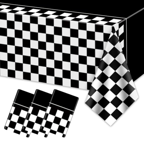 Rennwagen-Tischdecken, Rennwagen-Geburtstagsparty-Dekorationen, schwarz kariert, Kunststoff-Tischdecke, Tischläufer für Kinder, Jungen, Geburtstag, Rennwagen, Motto-Party, 220 x 130cm von PIXHOTUL