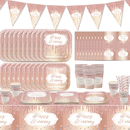 Rose Gold Party Supplies, Rose Gold Party Dekorationen für Mädchen, Pappteller, Tischtuch, Tassen, Servietten, Fahne, serviert 20 für rosa Geburtstag Dekorationen von PIXHOTUL
