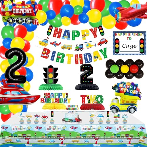 PIXHOTUL Transport-Geburtstagsparty-Zubehör für 2. Kinder, Transport-Motto-Party-Dekorationen inklusive Happy Birthday-Banner, Cupcake-Topper und 75 Bunte Latex-Luftballons für Ballongirlanden von PIXHOTUL