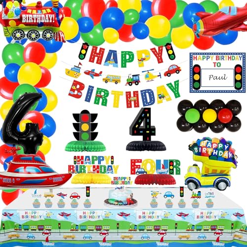 PIXHOTUL Transport-Geburtstagsparty-Zubehör für 4. Kinder, Transport-Motto-Party-Dekorationen inklusive Happy Birthday-Banner, Cupcake-Topper und 75 Bunte Latex-Luftballons für Ballongirlanden von PIXHOTUL