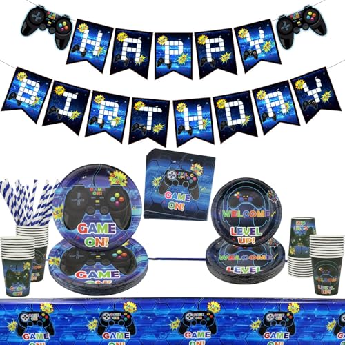 Videospiel Party Zubehör - Gaming-Themen-Geburtstagsfeier-Dekor für Jungen und Spieler - Einschließlich Teller, Tassen, Servietten, Tischdecken, hängende Strudel, Banner und Luftballons für 20-Blau A Videospiel Party Zubehör - Gaming-Themen-Geburtstagsfeier-Dekor für Jungen und Spieler - Einschließlich Teller, Tassen, Servietten, Tischdecken, hängende Strudel, Banner und Luftballons für 20-Blau A von PIXHOTUL