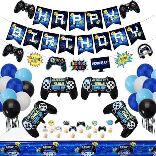 Videospiel Party Zubehör Happy Birthday Gaming Banner, Welcome Hängende Dekor und 32 Pcs Gamer Unter dem Motto Luftballons für Jungen Geburtstagsfeier von PIXHOTUL